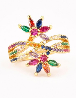 Anillo de flor Floral 14 k zirconia baño de oro Anillo de flor Floral 14 k zirconia baño de oro