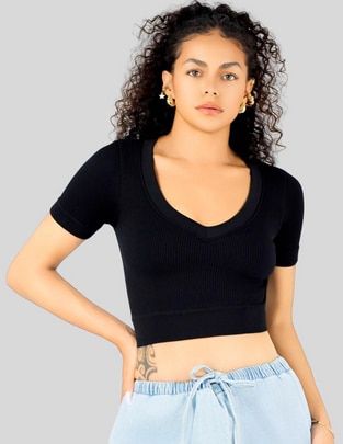 Playera manga corta Malabis Crops Pullover cuello v para mujer