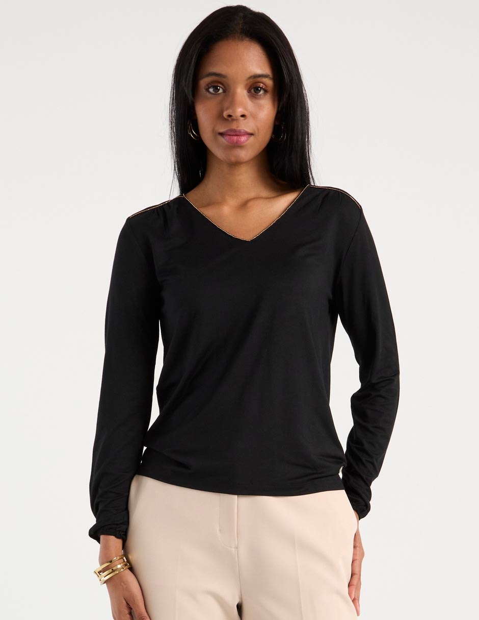 Playera manga larga Ferrioni cuello V para mujer