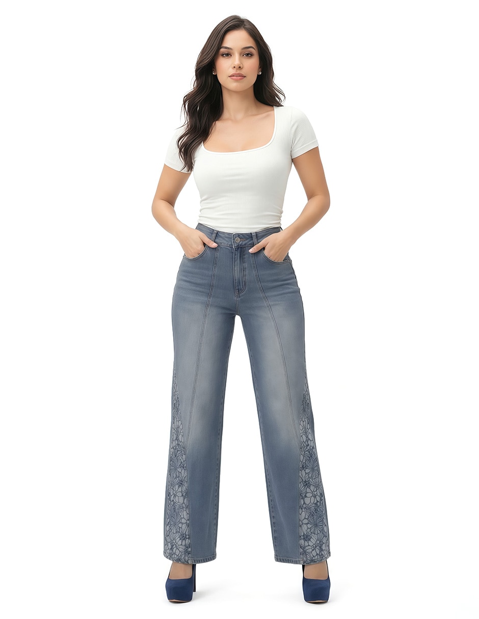 Jeans regular amplio cintura denim para mujer 2