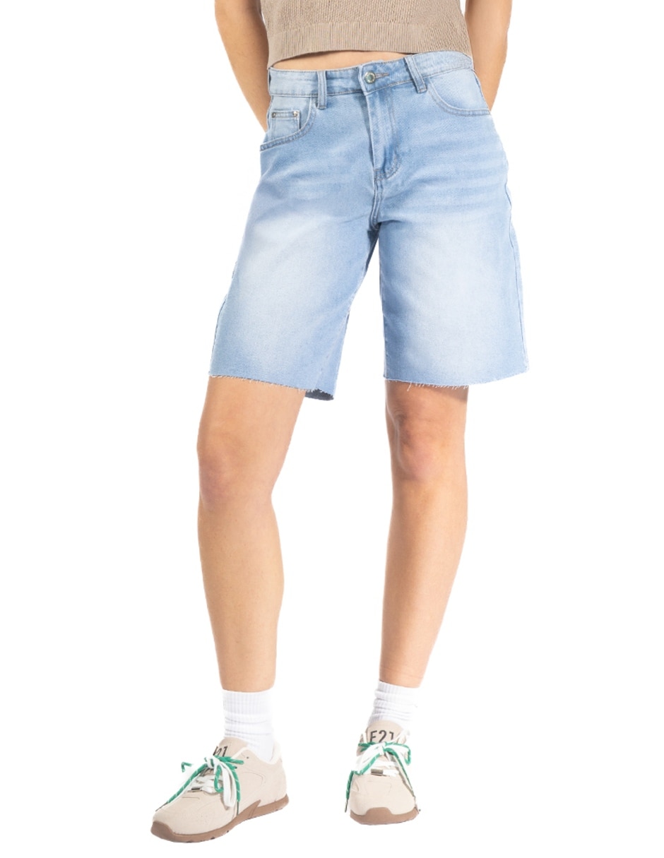 Short denim baggy tipo jort con dobladillo de algodón y elastano para mujer