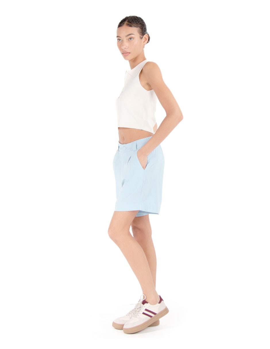 Short con botón frontal de lino y viscosa para mujer 2