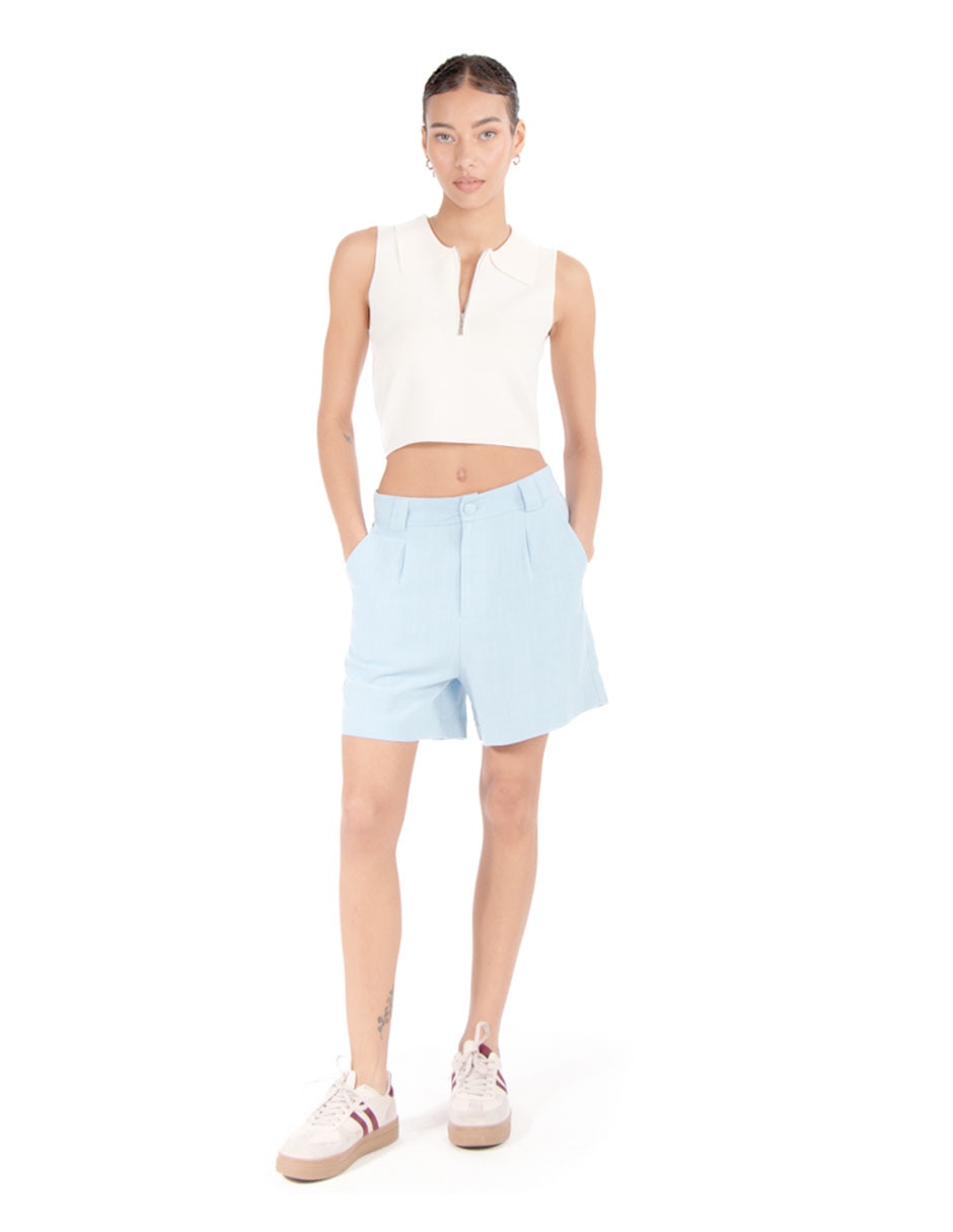 Short con botón frontal de lino y viscosa para mujer 5