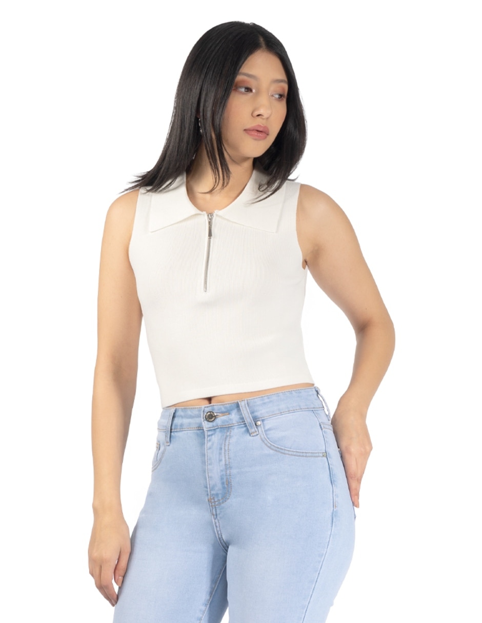 Playera sin mangas con solapa frontal y cierre cuello camisero para mujer 1