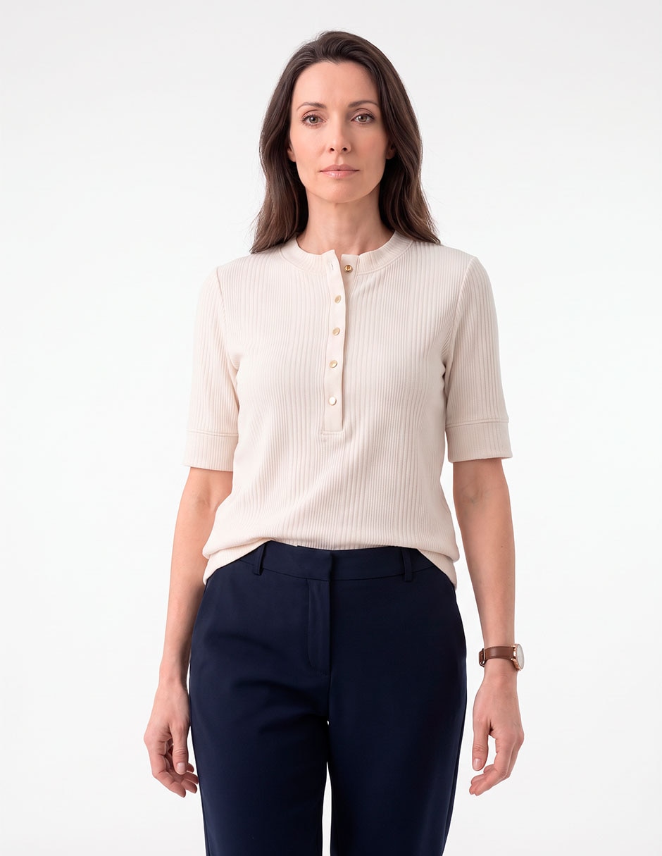 Playera manga 3/4 cuello henley para mujer