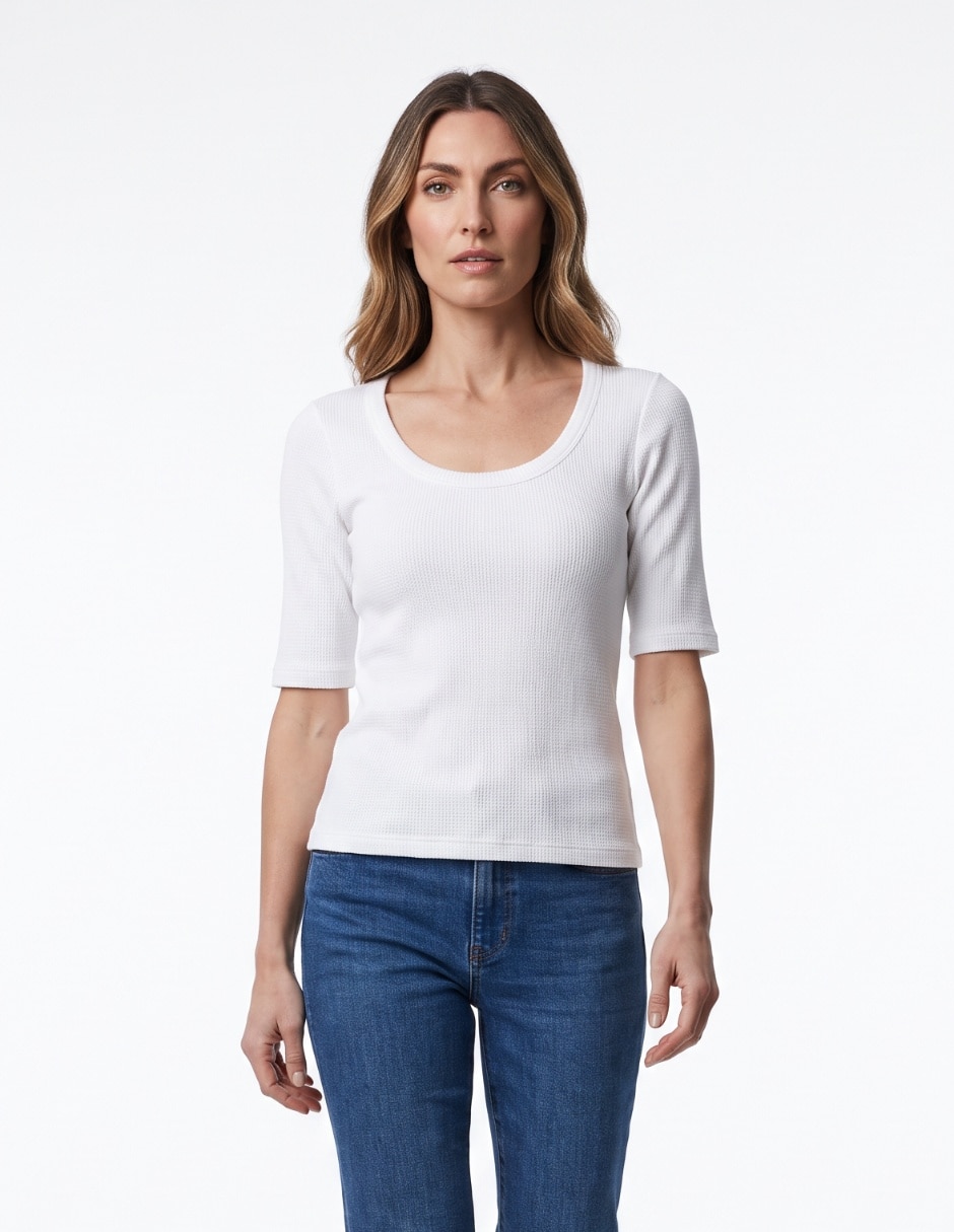 Playera manga al codo cuello redondo para mujer