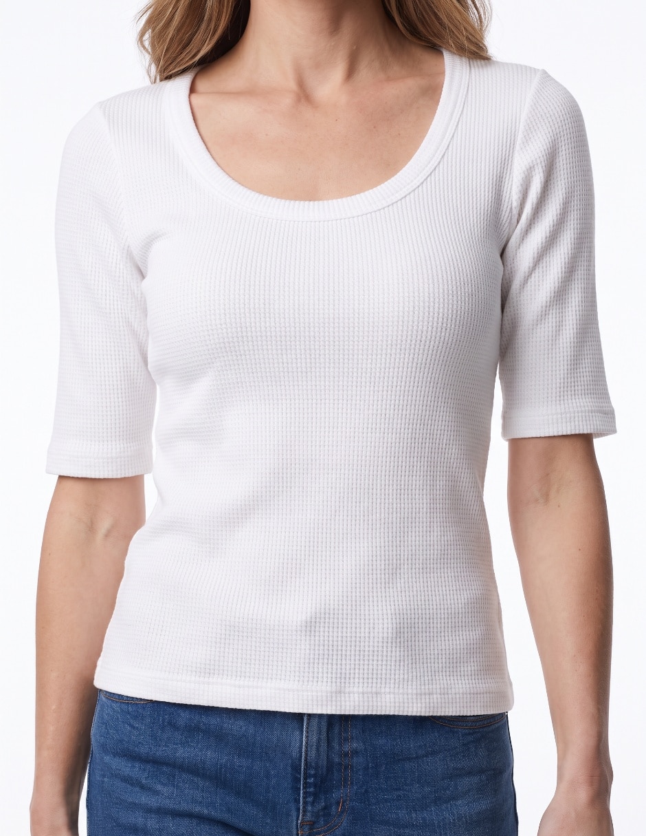 Playera manga al codo cuello redondo para mujer