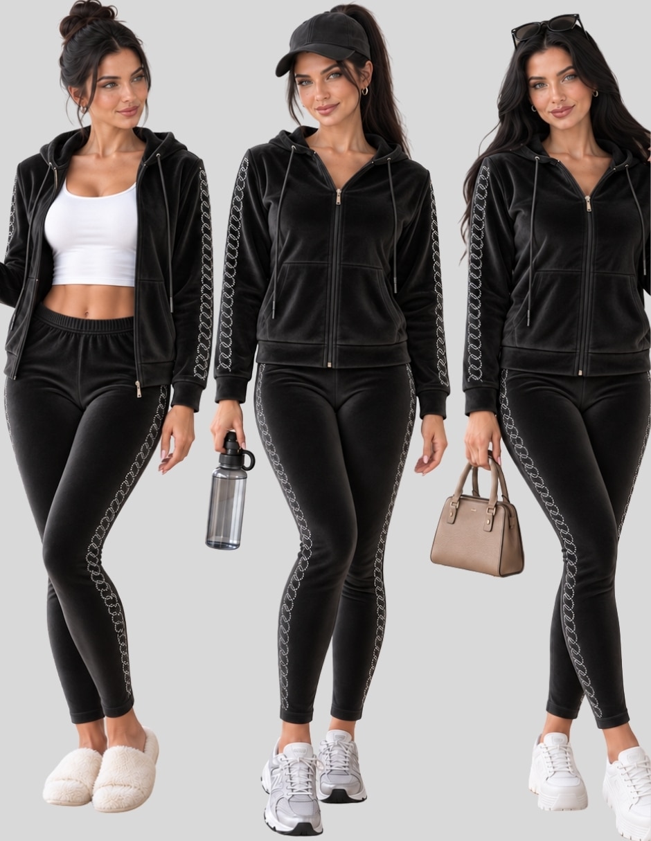 Conjunto Casual Conjunto Mujer 2 Piezas Terciopelo con Pedrería Brillante Sudadera con Capucha + Pantalón Legging de Poliéster para No aplica Mujer 4
