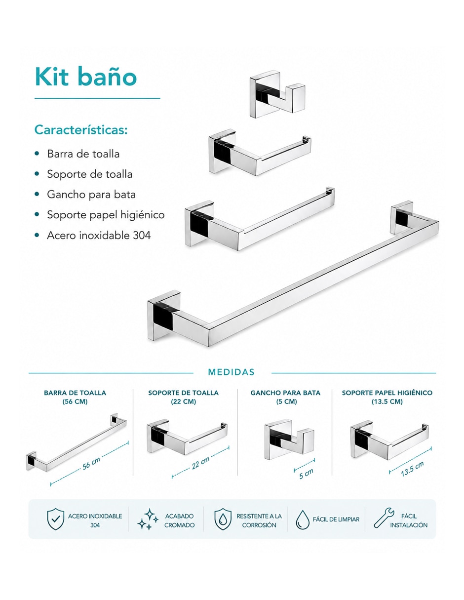Juego de accesorios para baño Maxims de cromo 4 piezas